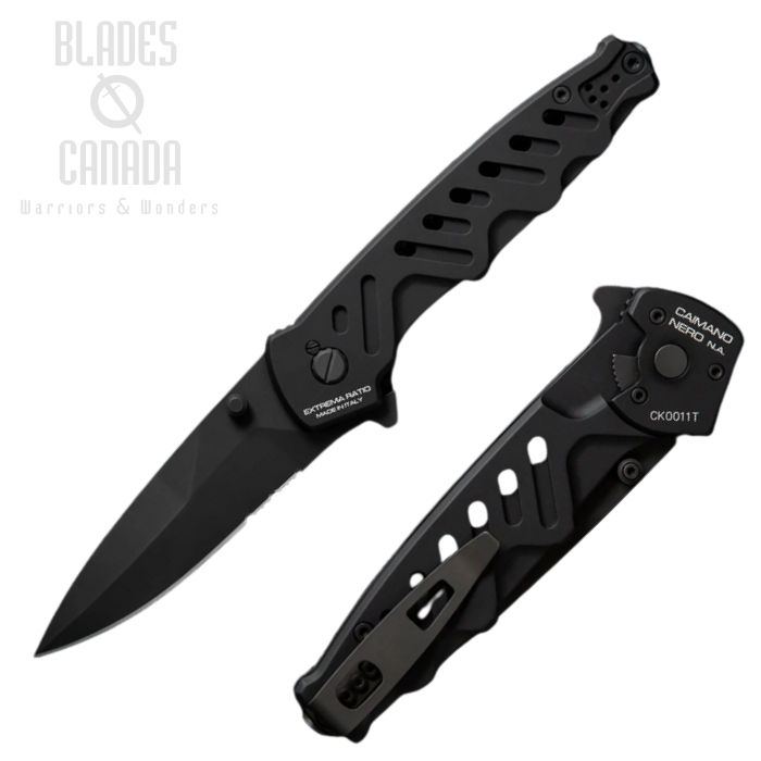 Extrema Ratio CAIMANO NERO N.A. Flipper Folding Knife, N690 Black Serrated, Aluminum